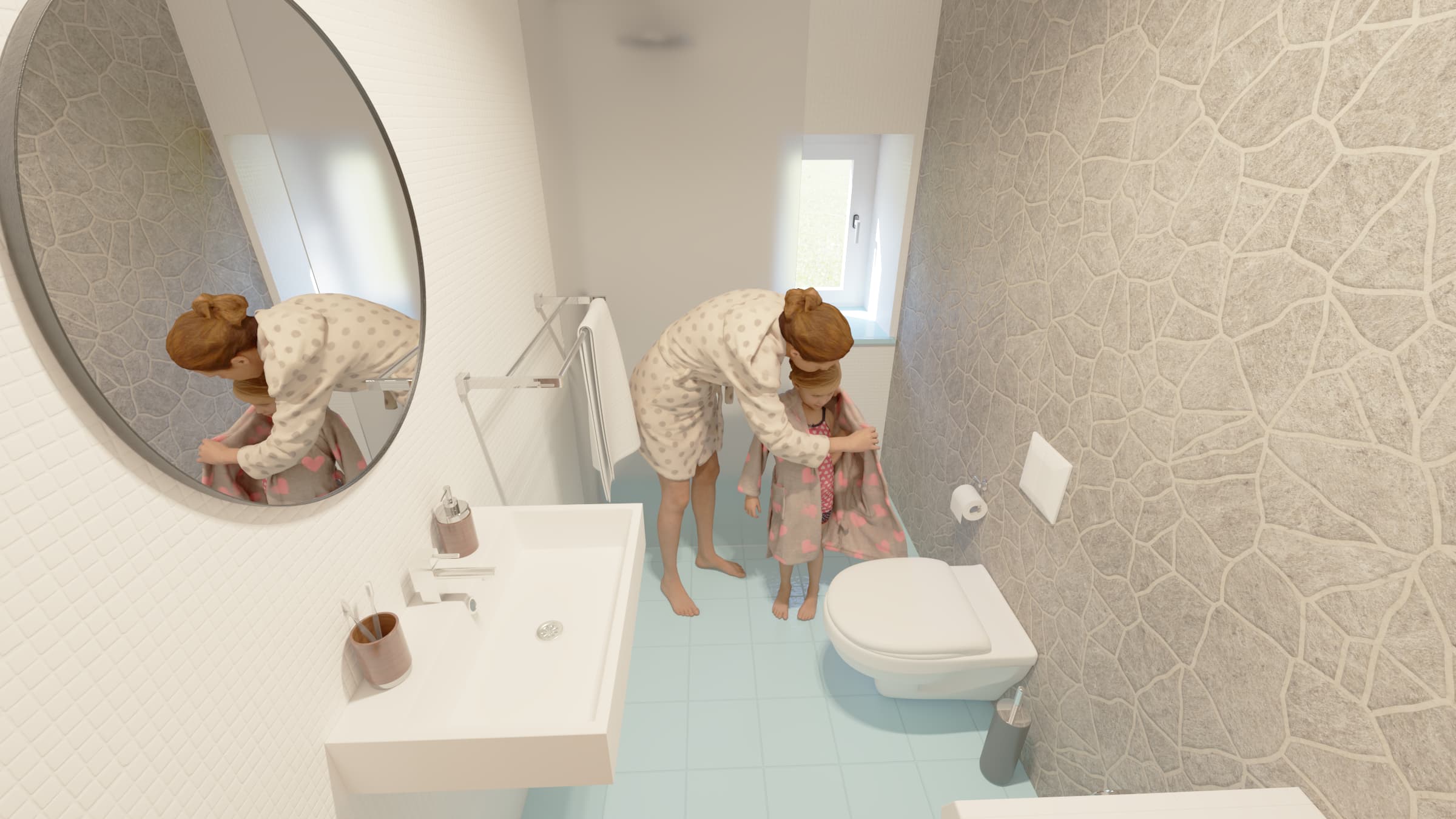 Visualisierung, Innenansicht, Badezimmer, Waschmaschine/Tumbler, Lavabo, WC, Dusche, Mutter und Kind, Wohnung Burg