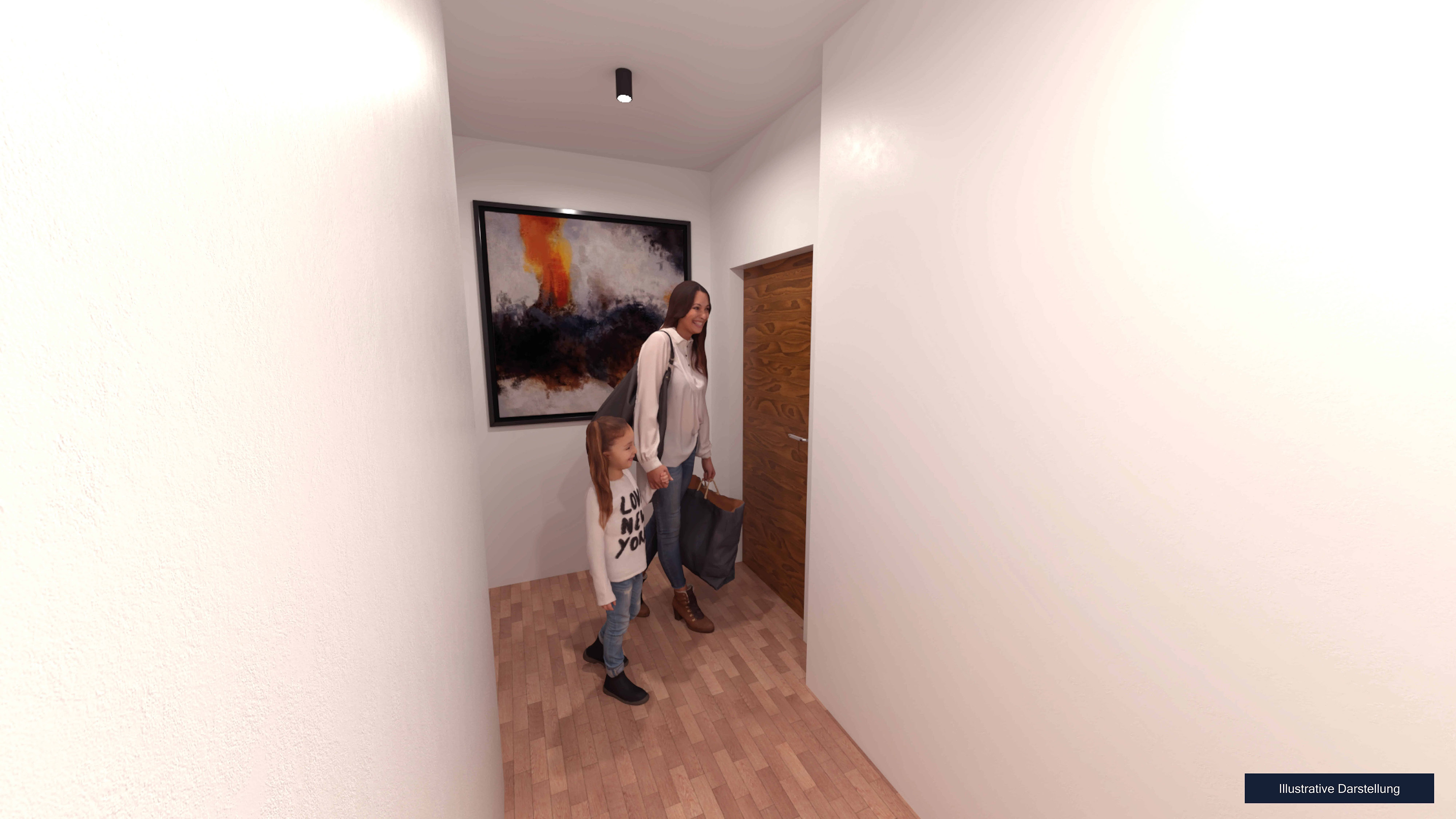 Visualisierung, Innenansicht, Eingangshalle, Parkettboden, Kunstvolles Bild an der Wand, Eingangstüre, Mutter und Kind nach dem Einkaufen, Wohnung Burg